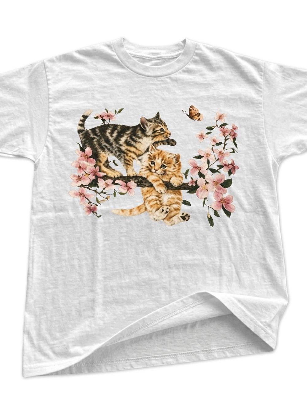 Gildan White Tee with Pink Floral and Brown Tabby Kitten Graphic